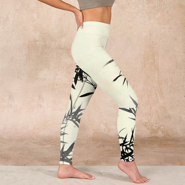 Buddha Stones Ink Painting Bamboo Leaves Print Sports Leggings Women's Yoga Pants