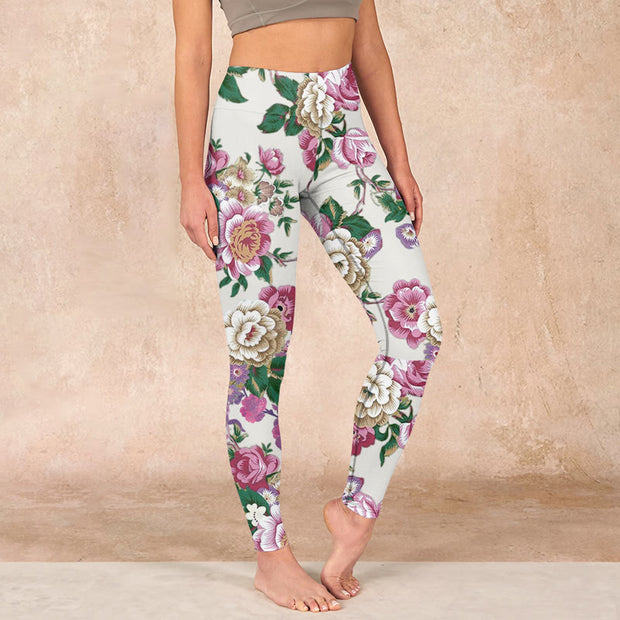 Buddha Stones Red White Peony Flower Print Sports Leggings Women's Yoga Pants