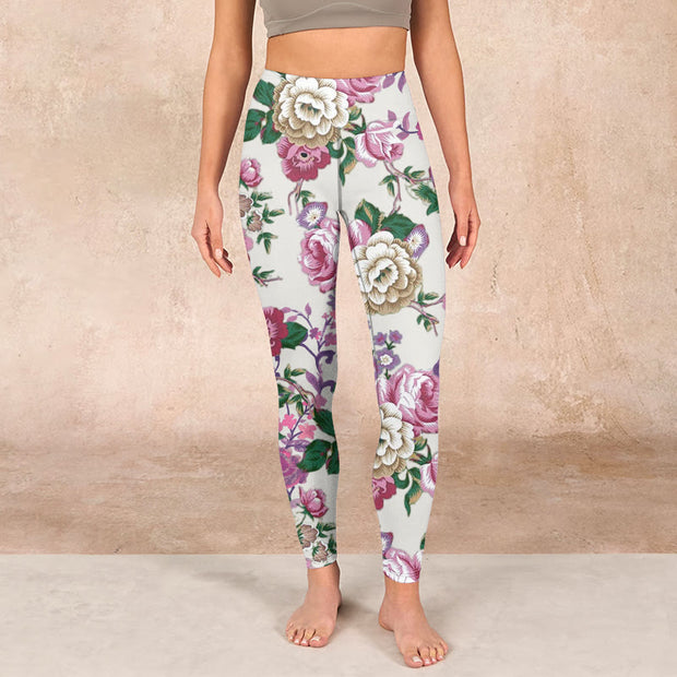 Buddha Stones Red White Peony Flower Print Sports Leggings Women's Yoga Pants