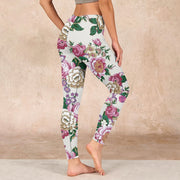 Buddha Stones Red White Peony Flower Print Sports Leggings Women's Yoga Pants - image 3