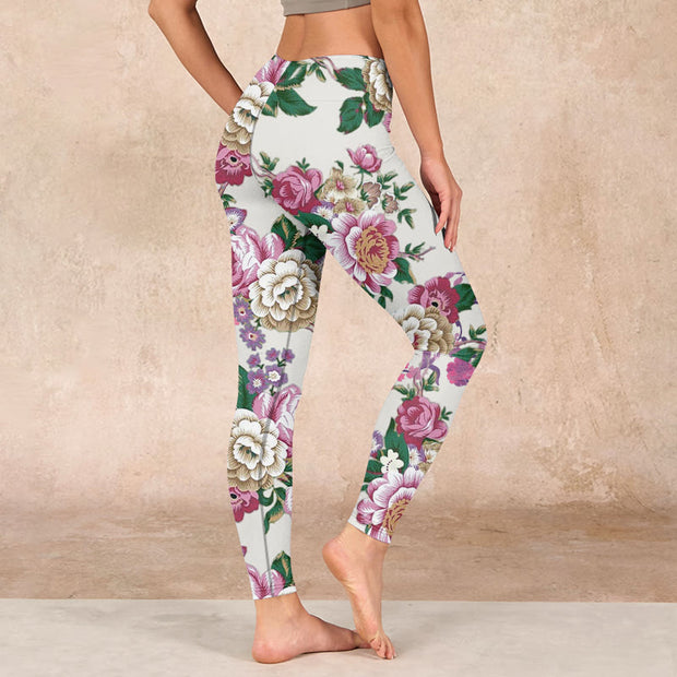 Buddha Stones Red White Peony Flower Print Sports Leggings Women's Yoga Pants - image 3