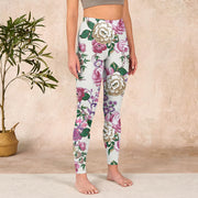 Buddha Stones Red White Peony Flower Print Sports Leggings Women's Yoga Pants