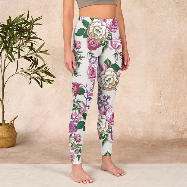 Buddha Stones Red White Peony Flower Print Sports Leggings Women's Yoga Pants Leggings BS 3