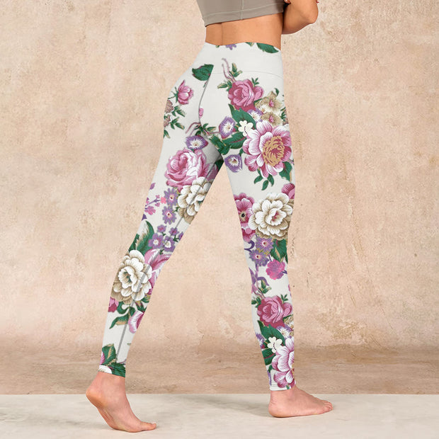 Buddha Stones Red White Peony Flower Print Sports Leggings Women's Yoga Pants