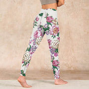 Buddha Stones Red White Peony Flower Print Sports Leggings Women's Yoga Pants - image 5