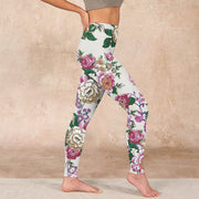 Buddha Stones Red White Peony Flower Print Sports Leggings Women's Yoga Pants