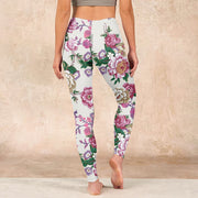 Buddha Stones Red White Peony Flower Print Sports Leggings Women's Yoga Pants Leggings BS 15