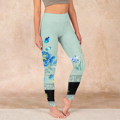 Buddha Stones Mint Green Blue Peony Butterfly Print Sports Leggings Women's Yoga Pants Leggings BS Honeydew US18，UK/AU22，EU50 (4XL)