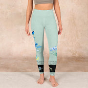 Buddha Stones Mint Green Blue Peony Butterfly Print Sports Leggings Women's Yoga Pants Leggings BS 1