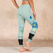 Buddha Stones Mint Green Blue Peony Butterfly Print Sports Leggings Women's Yoga Pants