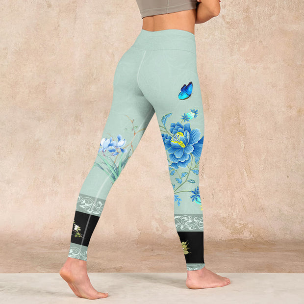 Buddha Stones Mint Green Blue Peony Butterfly Print Sports Leggings Women's Yoga Pants Leggings BS 3