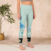 Buddha Stones Mint Green Blue Peony Butterfly Print Sports Leggings Women's Yoga Pants