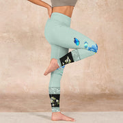 Buddha Stones Mint Green Blue Peony Butterfly Print Sports Leggings Women's Yoga Pants Leggings BS 16