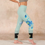 Buddha Stones Mint Green Blue Peony Butterfly Print Sports Leggings Women's Yoga Pants