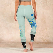 Buddha Stones Mint Green Blue Peony Butterfly Print Sports Leggings Women's Yoga Pants