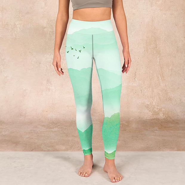 Buddha Stones Mint Cream Mountains Wild Goose Print Sports Leggings Women's Yoga Pants - image 2