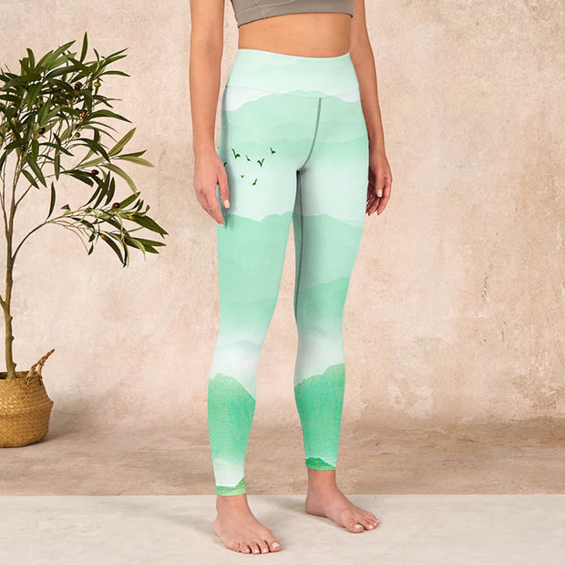 Buddha Stones Mint Cream Mountains Wild Goose Print Sports Leggings Women's Yoga Pants - image 4