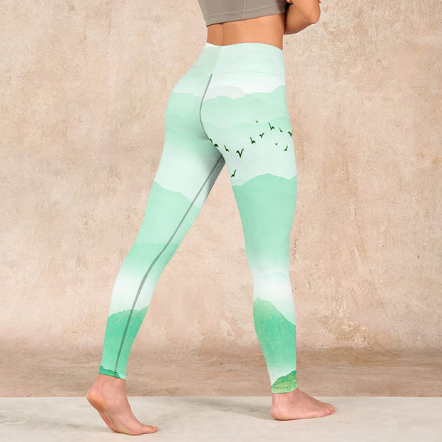Buddha Stones Mint Cream Mountains Wild Goose Print Sports Leggings Women's Yoga Pants - image 5