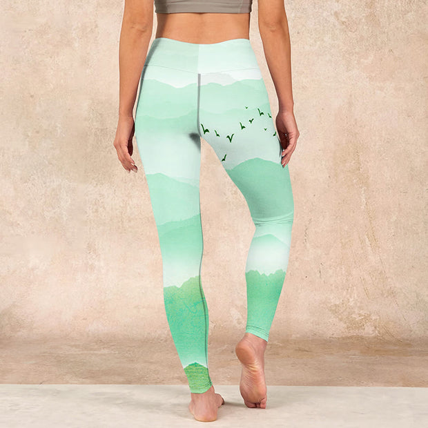 Buddha Stones Mint Cream Mountains Wild Goose Print Sports Leggings Women's Yoga Pants Leggings BS 15