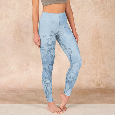 Buddha Stones Blue Flower Sketch Print Sports Leggings Women's Yoga Pants - LightBlue - US18，UK/AU22，EU50 (4XL) - image 1