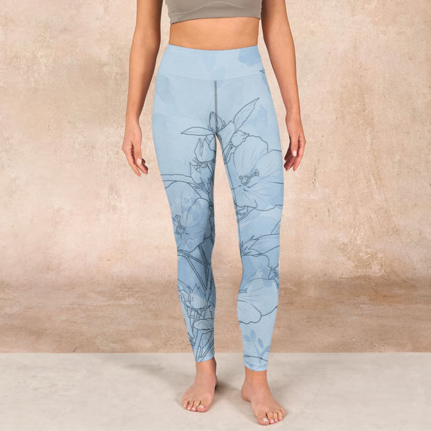 Buddha Stones Blue Flower Sketch Print Sports Leggings Women's Yoga Pants Leggings BS 1