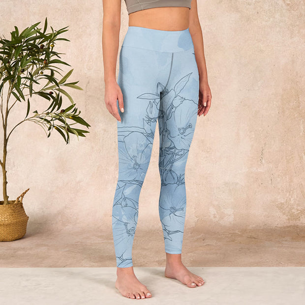 Buddha Stones Blue Flower Sketch Print Sports Leggings Women's Yoga Pants