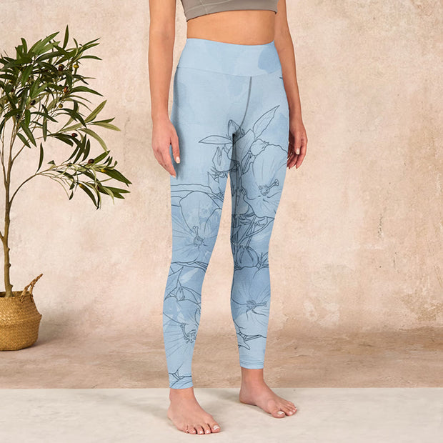 Buddha Stones Blue Flower Sketch Print Sports Leggings Women's Yoga Pants - image 4