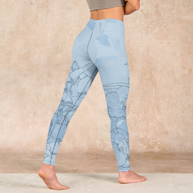 Buddha Stones Blue Flower Sketch Print Sports Leggings Women's Yoga Pants