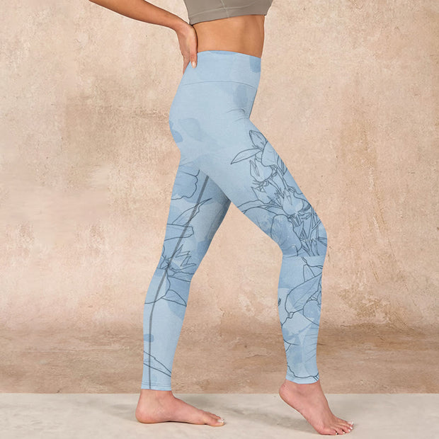 Buddha Stones Blue Flower Sketch Print Sports Leggings Women's Yoga Pants Leggings BS 15