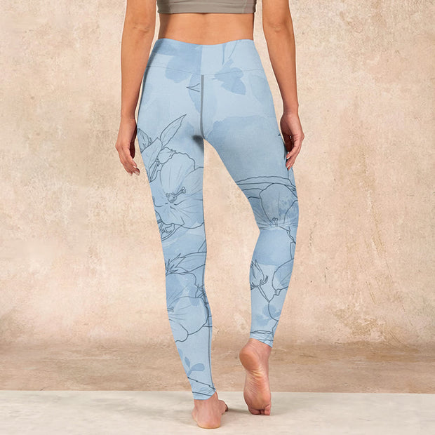 Buddha Stones Blue Flower Sketch Print Sports Leggings Women's Yoga Pants Leggings BS 17