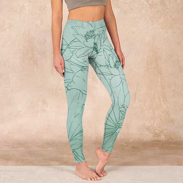 Buddha Stones Green Lotus Flower Print Sports Leggings Women's Yoga Pants