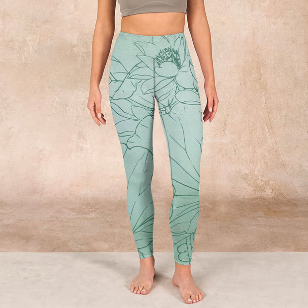 Buddha Stones Green Lotus Flower Print Sports Leggings Women's Yoga Pants