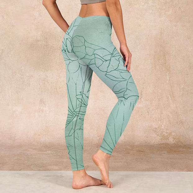 Buddha Stones Green Lotus Flower Print Sports Leggings Women's Yoga Pants - image 3