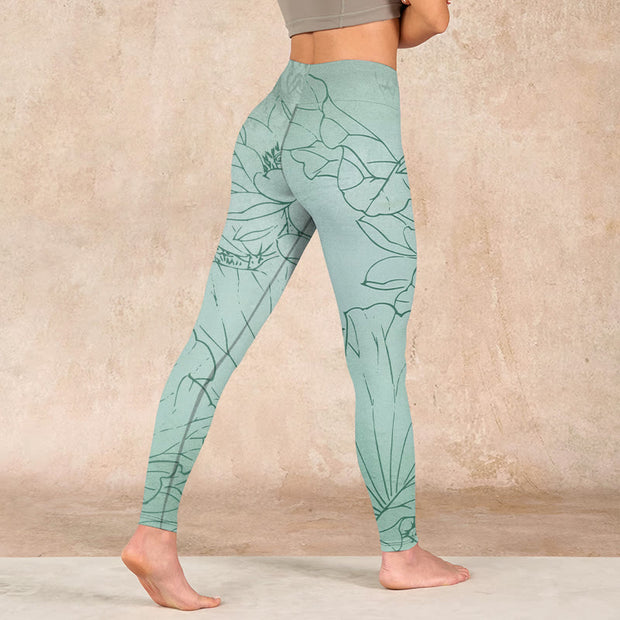 Buddha Stones Green Lotus Flower Print Sports Leggings Women's Yoga Pants Leggings BS 4