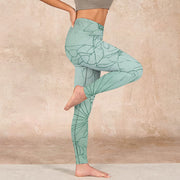 Buddha Stones Green Lotus Flower Print Sports Leggings Women's Yoga Pants