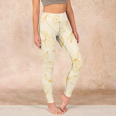Buddha Stones Beige Flower Vine Print Gym Leggings Women's Yoga Pants - Beige - US18，UK/AU22，EU50 (4XL) - image 1