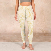 Buddha Stones Beige Flower Vine Print Gym Leggings Women's Yoga Pants