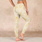 Buddha Stones Beige Flower Vine Print Gym Leggings Women's Yoga Pants Leggings BS 2