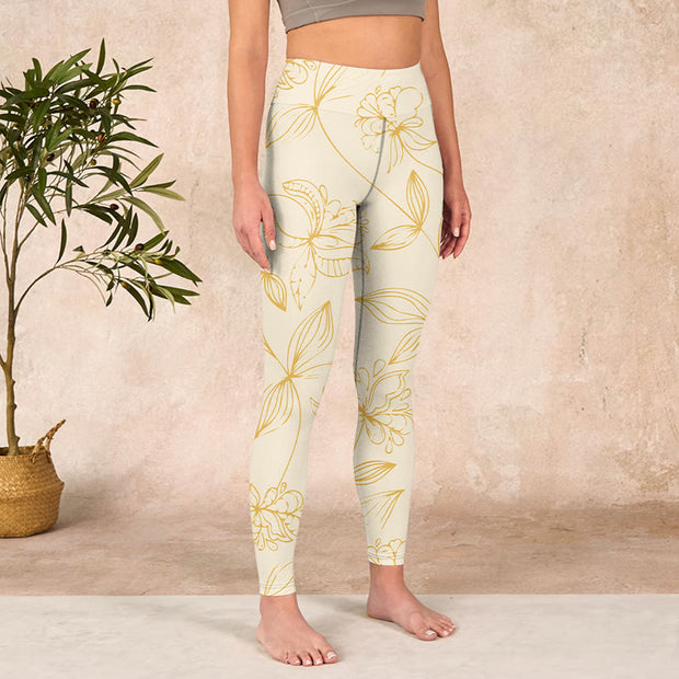 Buddha Stones Beige Flower Vine Print Gym Leggings Women's Yoga Pants - image 4