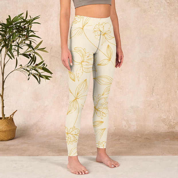 Buddha Stones Beige Flower Vine Print Gym Leggings Women's Yoga Pants Leggings BS 3