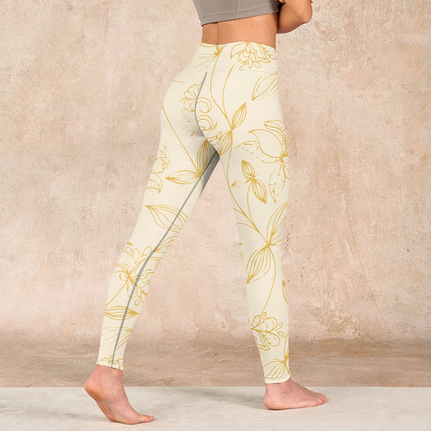 Buddha Stones Beige Flower Vine Print Gym Leggings Women's Yoga Pants - image 5