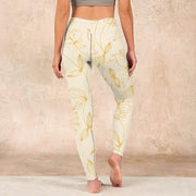 Buddha Stones Beige Flower Vine Print Gym Leggings Women's Yoga Pants