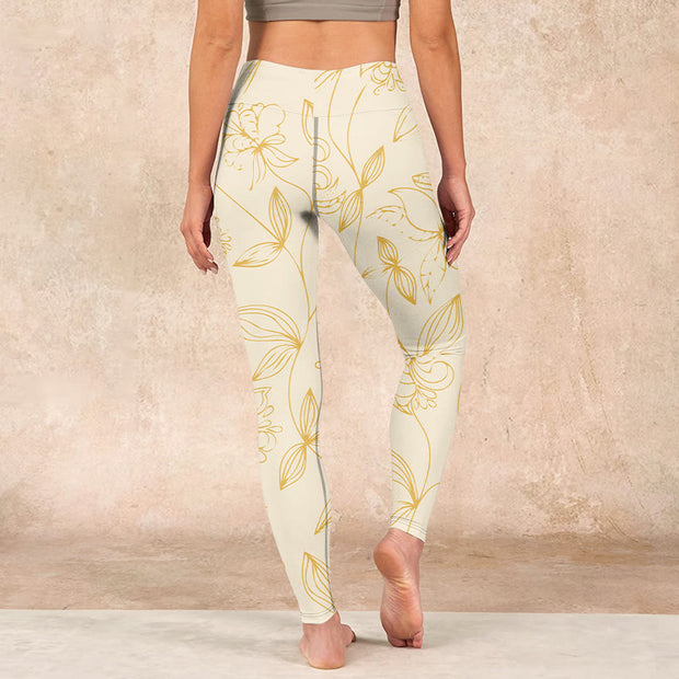 Buddha Stones Beige Flower Vine Print Gym Leggings Women's Yoga Pants - image 17
