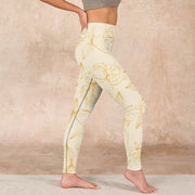 Buddha Stones Beige Flower Vine Print Gym Leggings Women's Yoga Pants Leggings BS 15