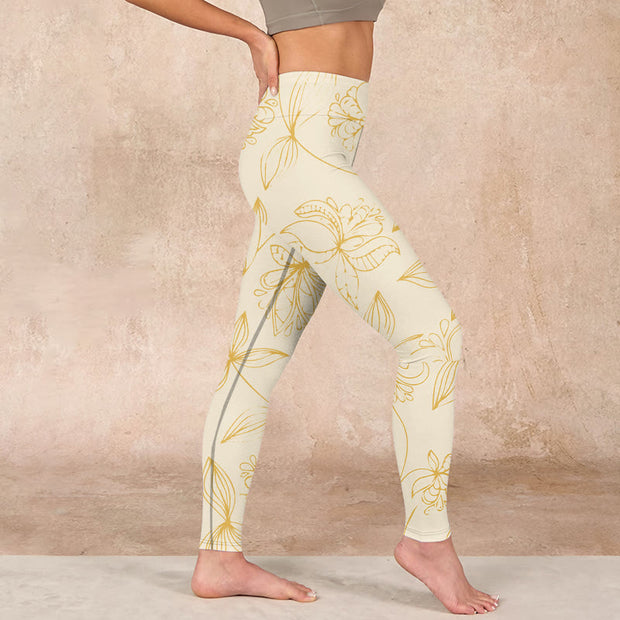 Buddha Stones Beige Flower Vine Print Gym Leggings Women's Yoga Pants