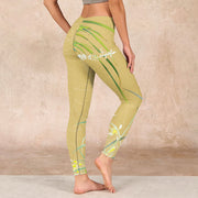 Buddha Stones Yellow Orchid Flowers Weeping Leaves Print Gym Leggings Women's Yoga Pants