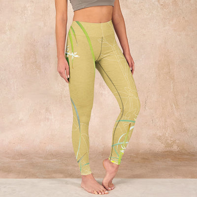 Buddha Stones Yellow Orchid Flowers Weeping Leaves Print Gym Leggings Women's Yoga Pants - Khaki - US18，UK/AU22，EU50 (4XL) - image 1