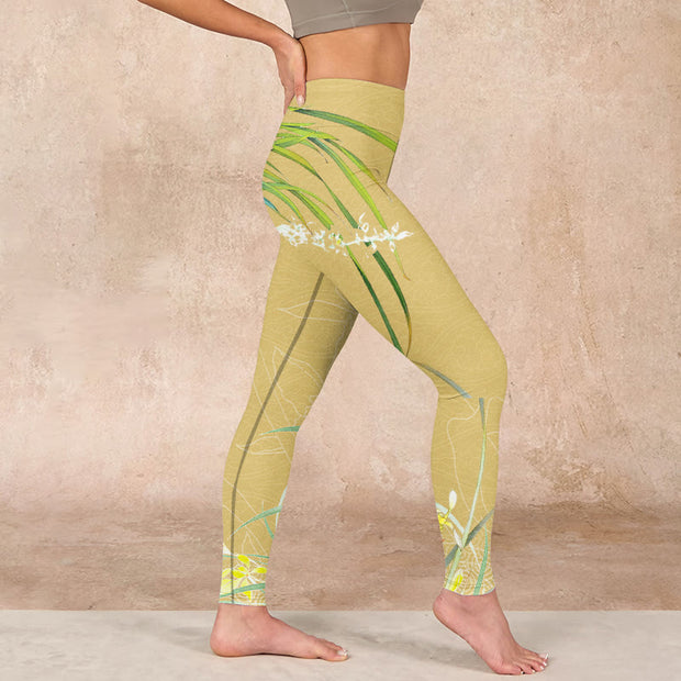 Buddha Stones Yellow Orchid Flowers Weeping Leaves Print Gym Leggings Women's Yoga Pants