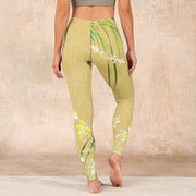 Buddha Stones Yellow Orchid Flowers Weeping Leaves Print Gym Leggings Women's Yoga Pants