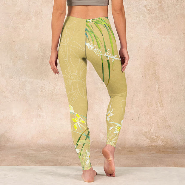 Buddha Stones Yellow Orchid Flowers Weeping Leaves Print Gym Leggings Women's Yoga Pants Leggings BS 15